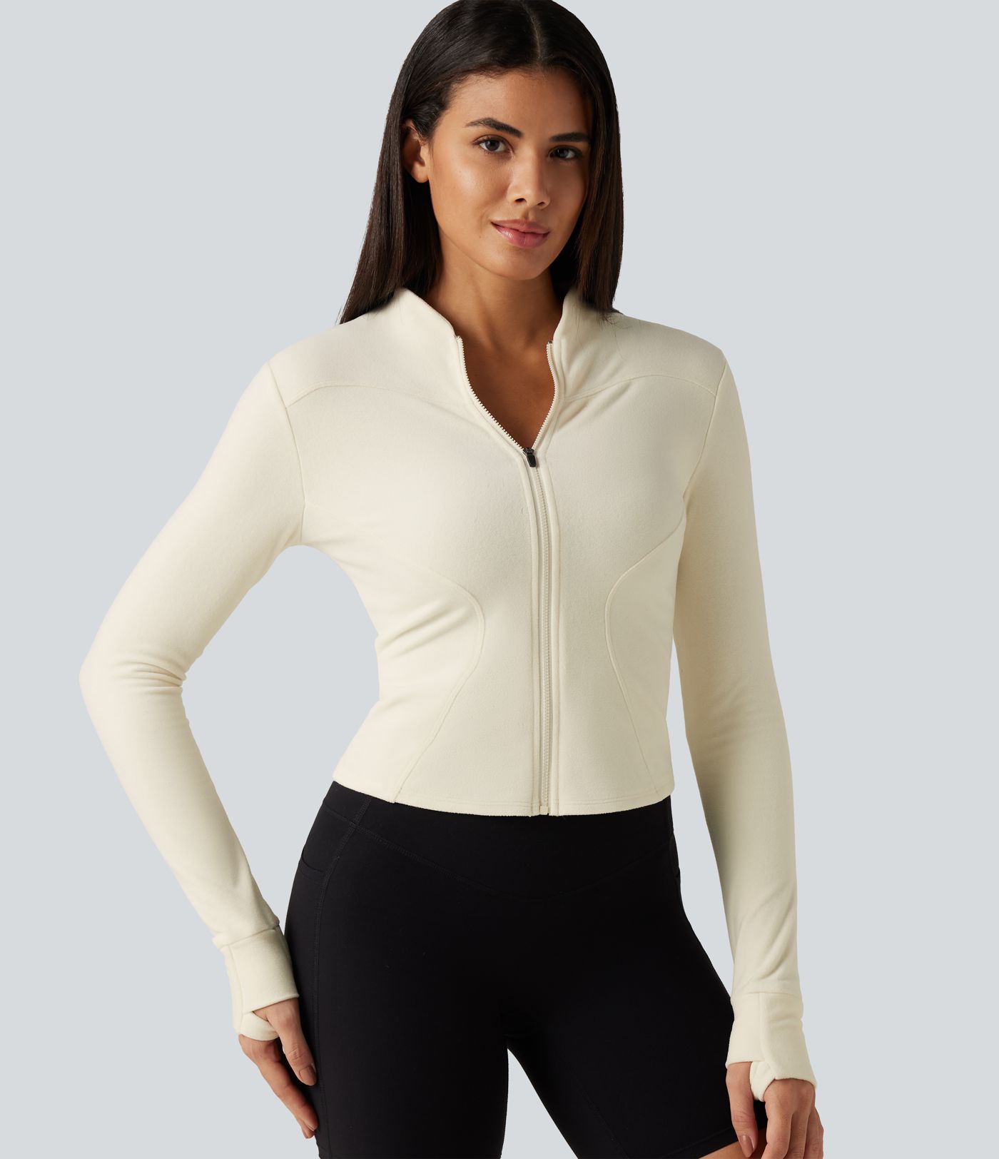 Veste de yoga à col montant, manches longues, passe-pouces et poches
