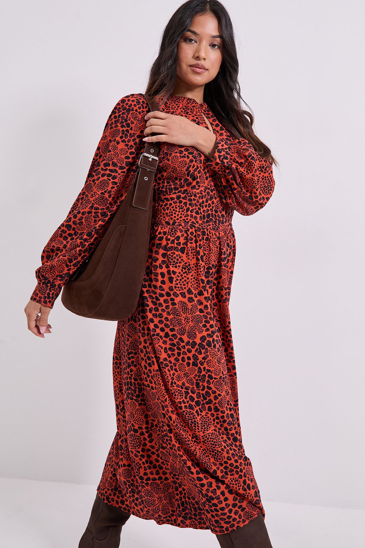 Dorothy Perkins Petite Keyhole Detail Waisted Blouson Sleeve Printed Midi Dress