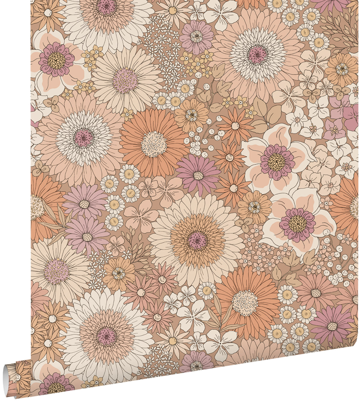 ESTAhome behang retro bloemen terracotta, paars en wit - 53 cm x 10.05 m - 131314