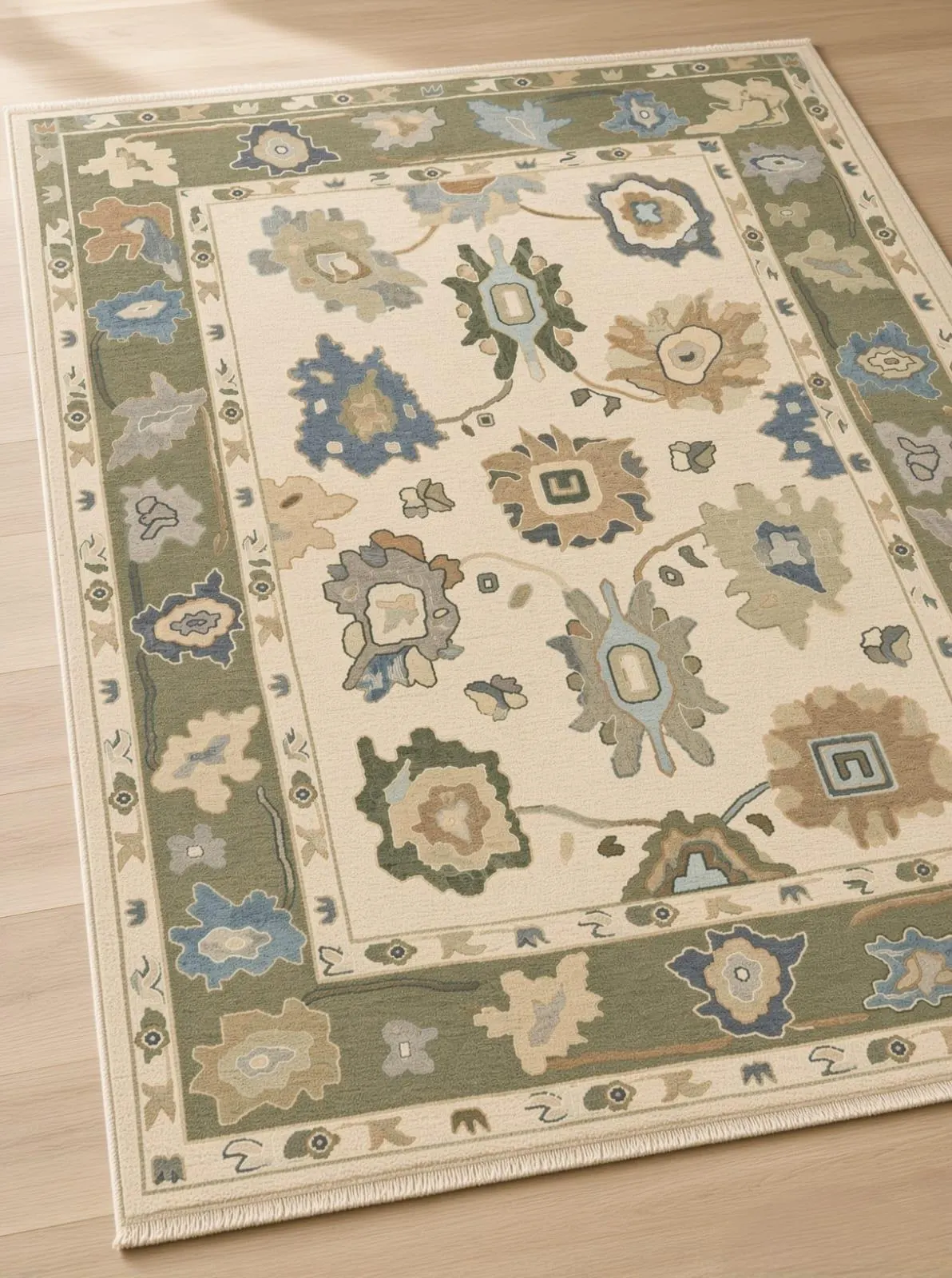 Hand Knotted Oushak Rug, Sage Green Floral Wool Area Rug, Ivory & Blue Turkish Style Carpet, Custom Size Luxury Home Decor