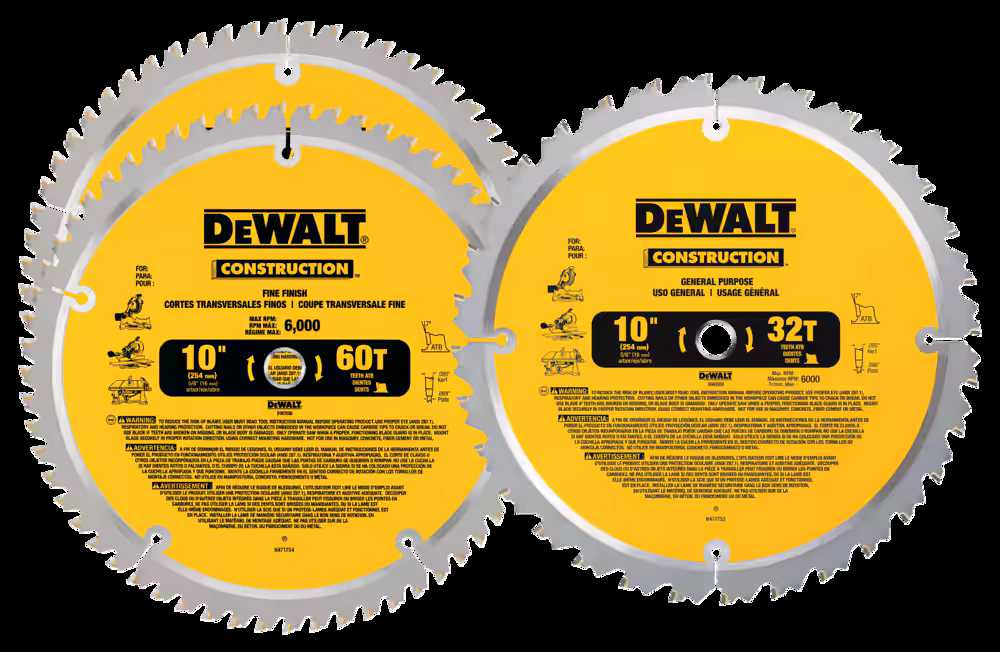 DEWALT DW3106P5B3C 10-in 32T & 2 x 60T Carbide Tipped Circular Saw Blade Set for Wood, Composite, 3-pk