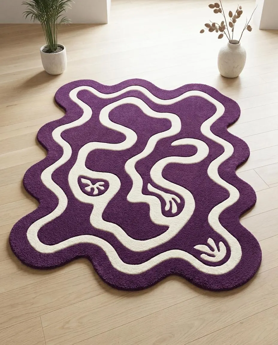 Modern Purple Abstract Rug, Wavy Ivory Area Rug, Contemporary Statement Rug, Artistic Decor, Living Room Bedroom Accent 5×7 6×9 8×11 Size