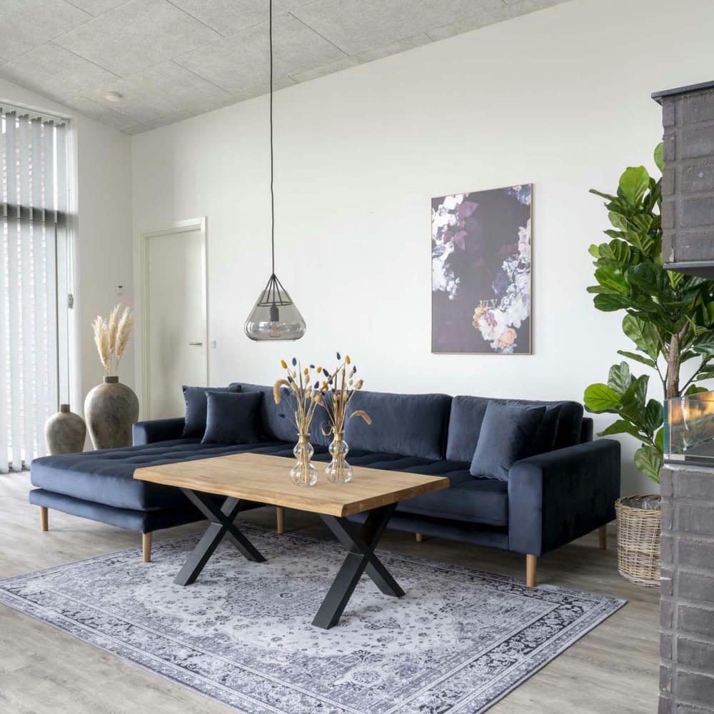 LIDO - Canapé d'angle gauche 4 places en velours bleu foncé