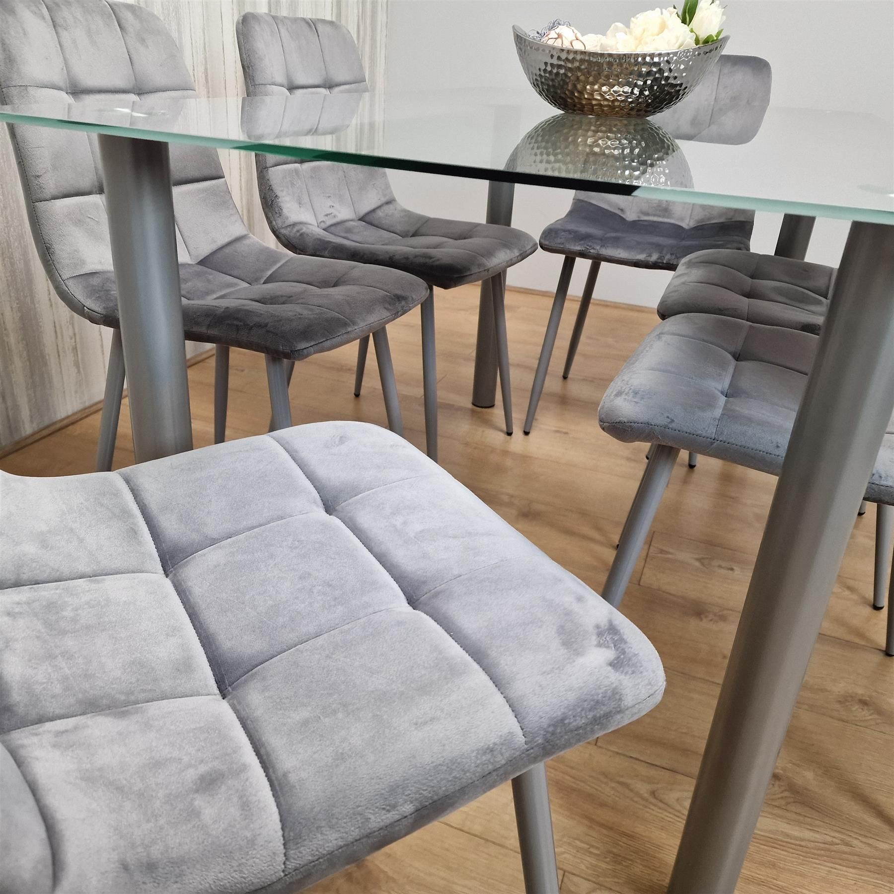 KOSY KOALA Grey Glass Dining Table With 6 Grey Velvet Chair Dining Room Furniture