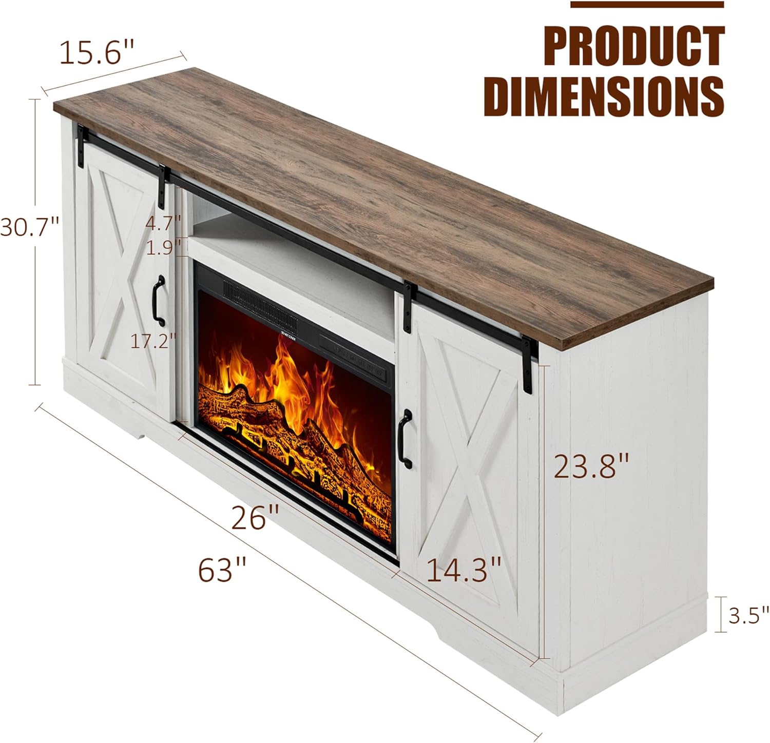 AMERLIFE Fireplace TV Stand with Sliding Barn Door for TVs up to 73, Farmhouse 63 Fireplace Entertainment Center with Storage Cabinets/Adjustable Shelves, Distressed White & Barnwood