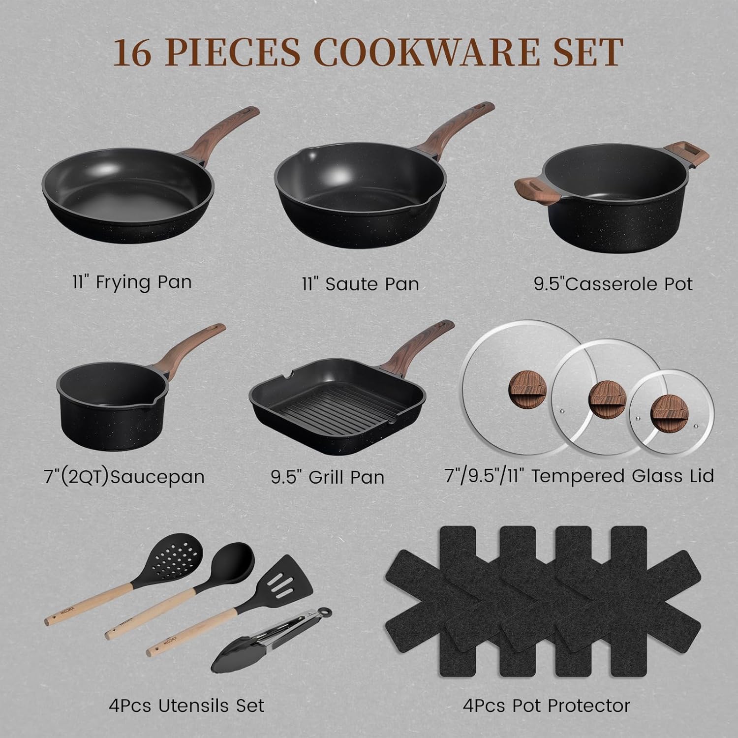 Kikcoin 16Pcs Ceramic Pots and Pans Set Non Stick, Includes a 9.5 Grill Pan, Induction Kitchen Cookware Sets, Black Nonstick RV Kitchen Camping Cooking Sets Stackable (PTFE, PFOS, PFOA Free)