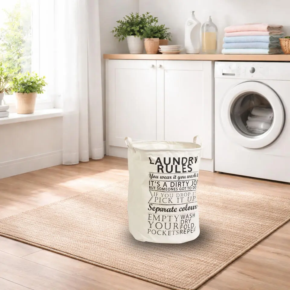 Zeller Wasmand van stof - rond - creme - katoen - D38 x H48 cm