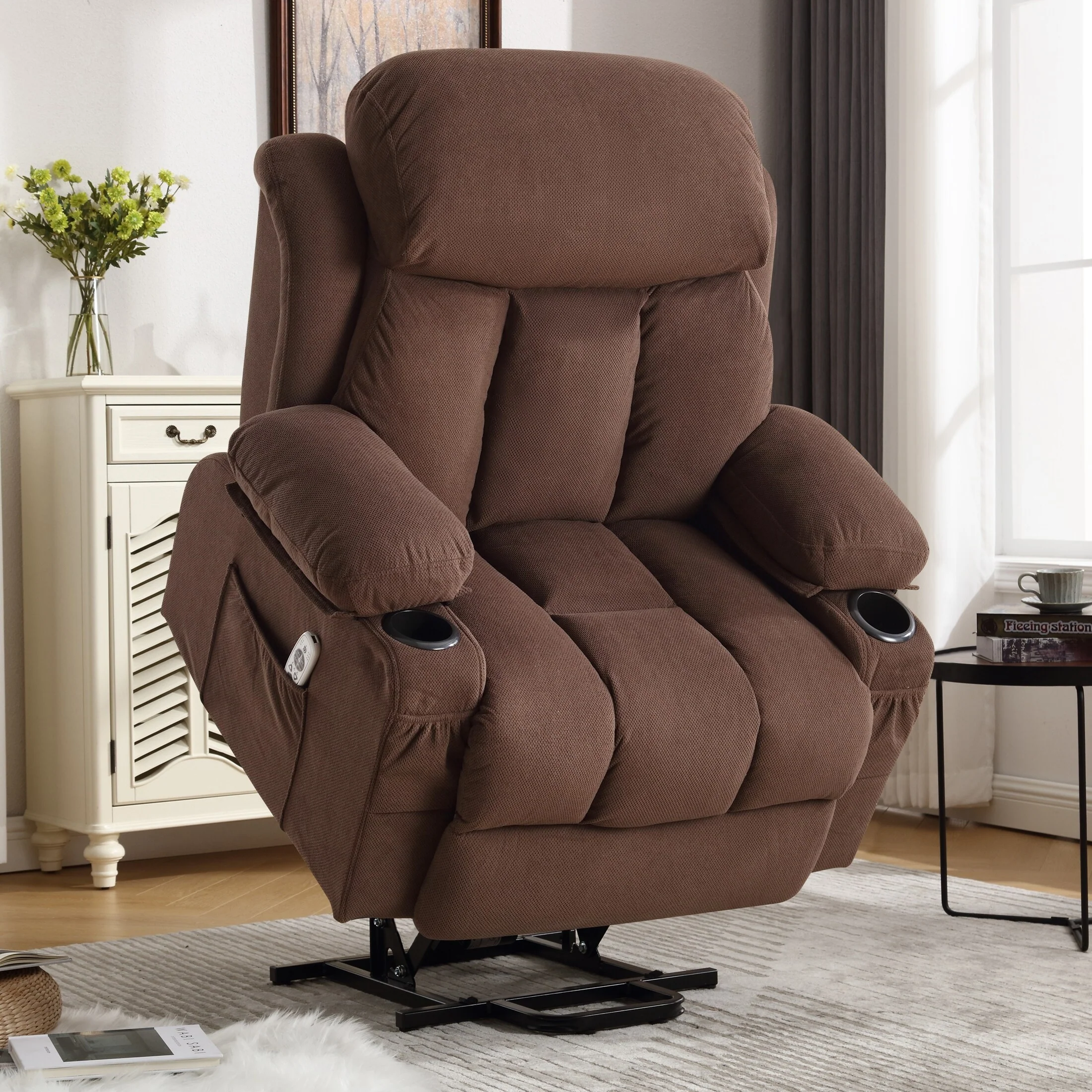 Brown Breathable Fabric Oversized Power Lift Recliner with Massage, Lumbar Heating, USB, 2 Cup Holders