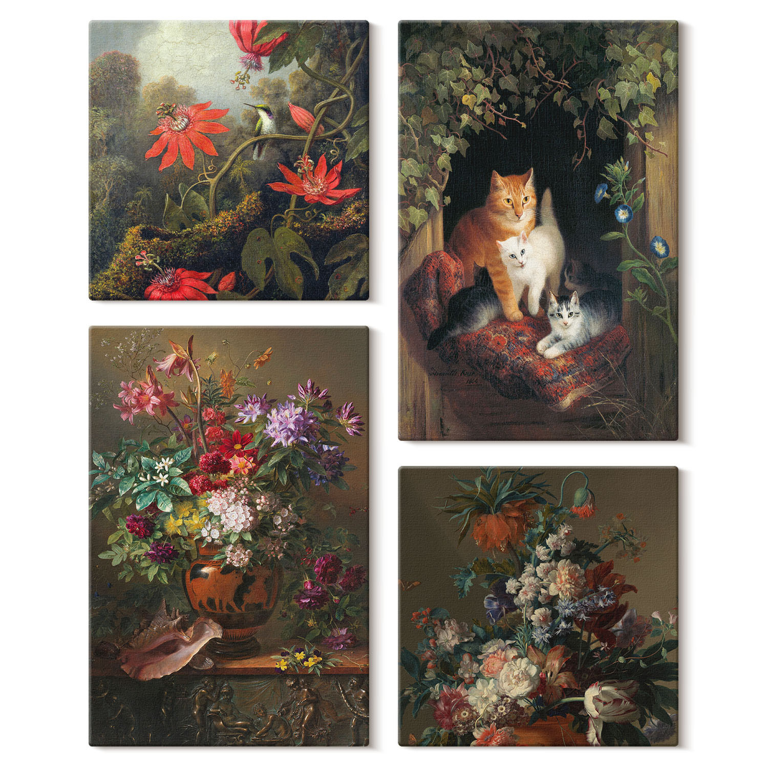 Obraz canvas 4 częściowy Vintage kwiaty koty |40x40, 40x60| Wallfluent