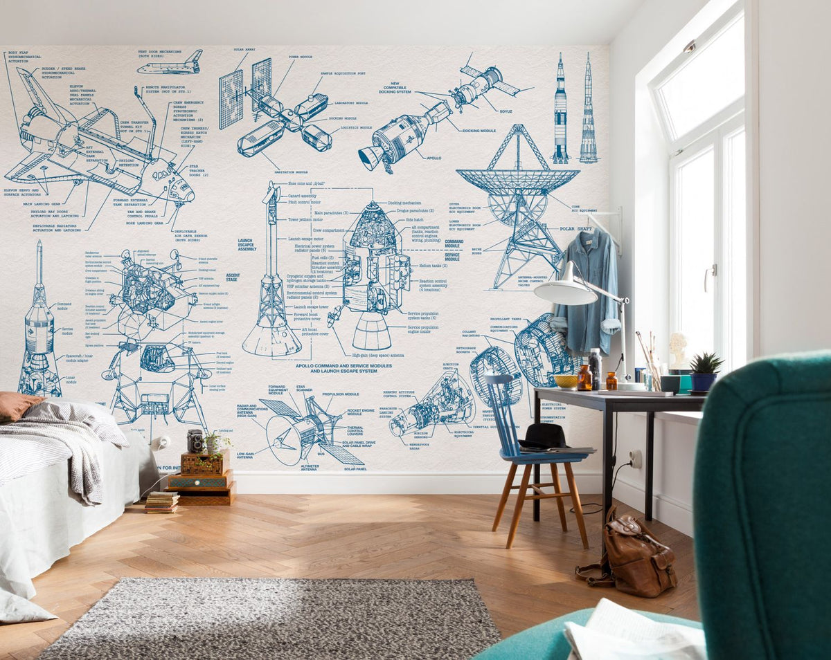 Komar fotobehang ruimtevaart tekening blauw en grijs - 400 x 280 cm - 610865