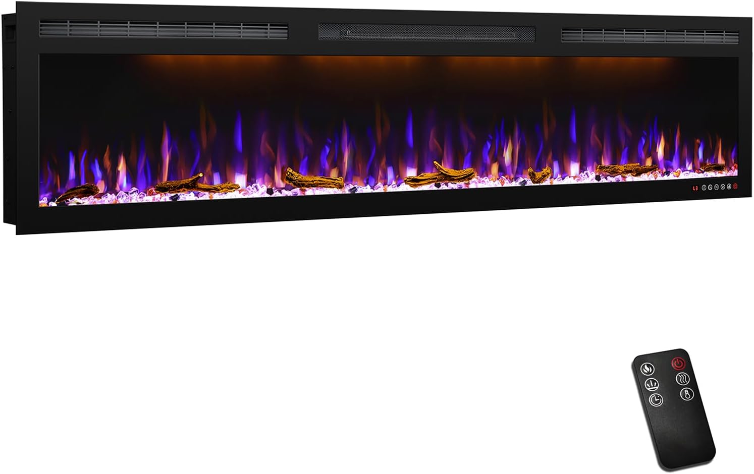 72 Inch Slim Electric Fireplace, Recessed in‑Wall or Wall Mounted, Ultra‑Narrow Frame, Realistic LED Flames with 3 Flame Colors & 3 Top Light Colors, Remote Control, Timer