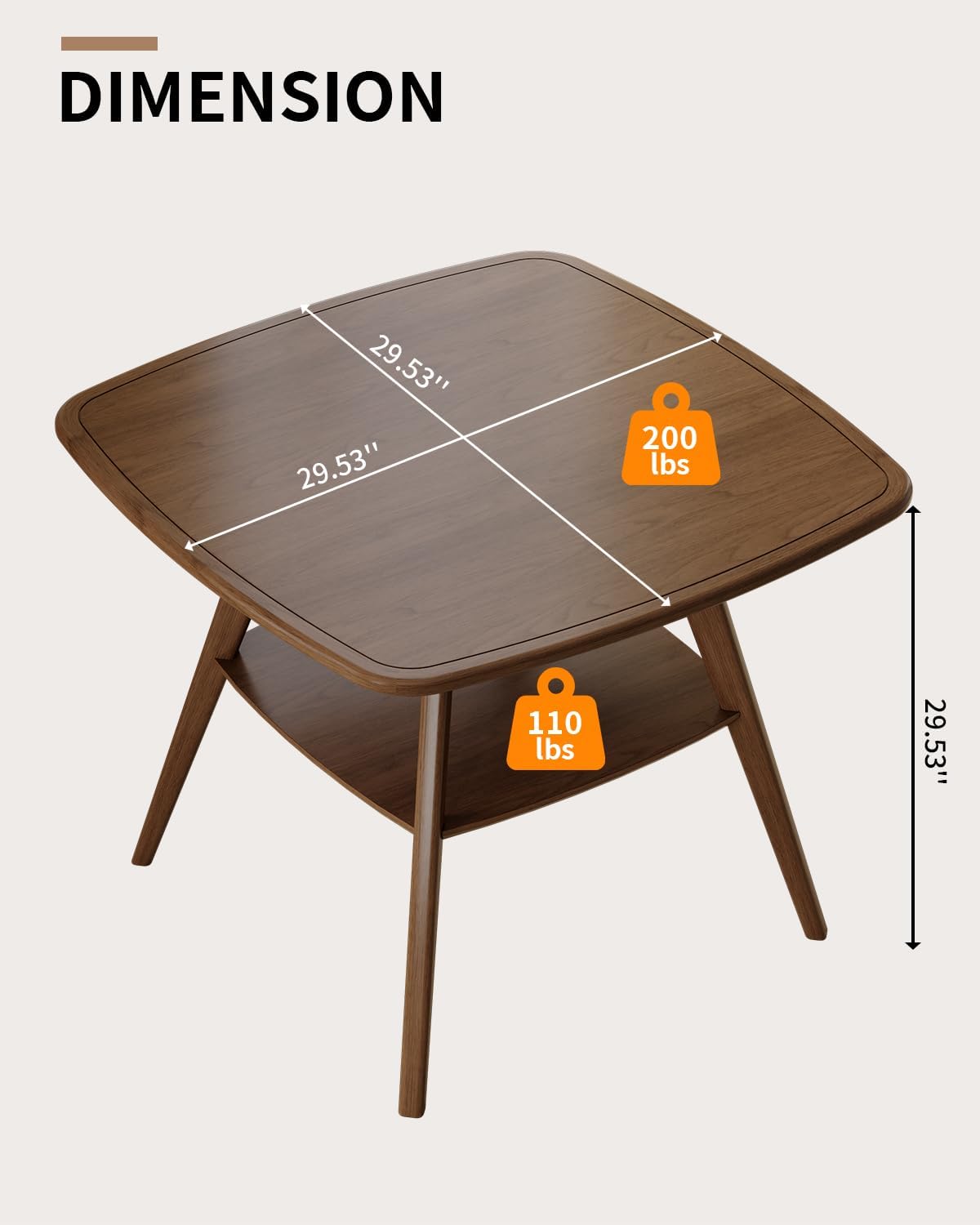 LKTART Small Dinner Table for 2, 29.5 Long Square Solid Wood Dining Table with Solid Wood Frame & Veneer Top, Compact Design with Shelf for Dinner Kitchen, Walnut