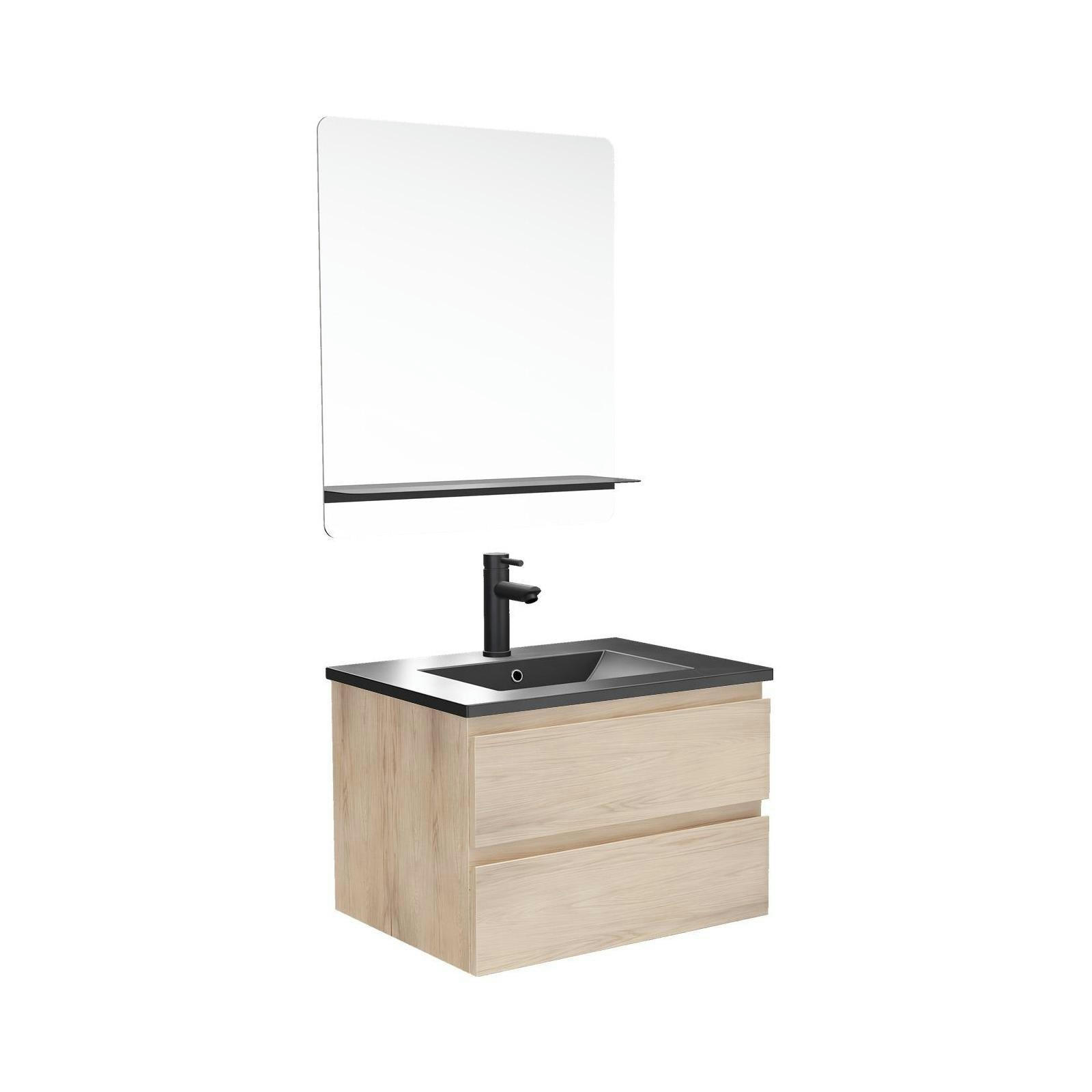 SORRENTO - Meuble simple vasque 60cm  chêne+vasque noire+robinet+miroir rectangle