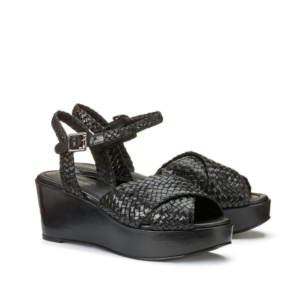 Sandales en cuir, talon compensé