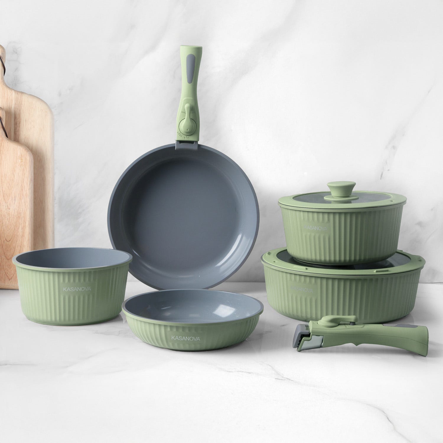 Batteria pentola 9 pezzi verde Eaziclip con manici staccabili