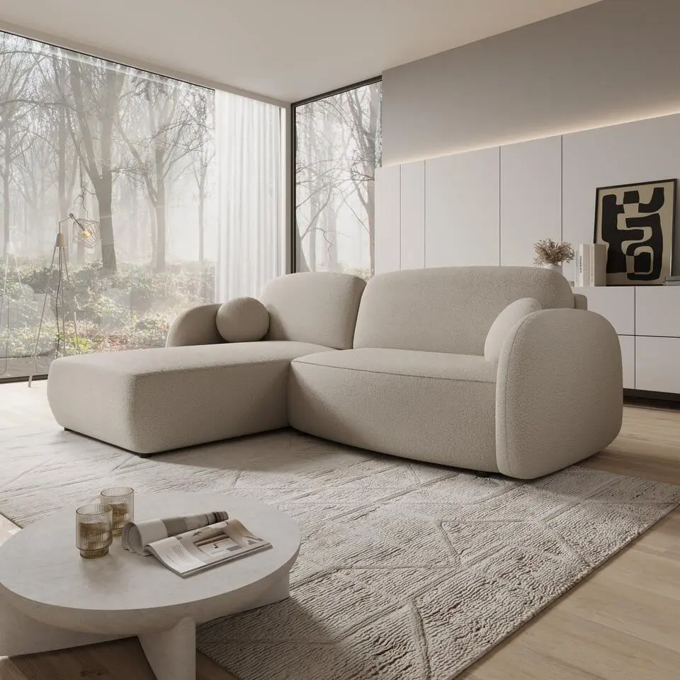 Meubella - Ometa - Hoekbank 3-zits met chaise longue - Teddystof beige - Links