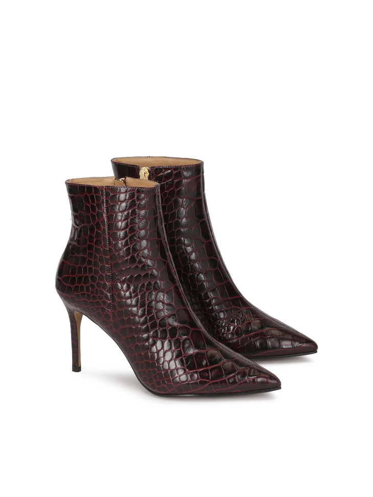 Maroon boots with embossed croco pattern