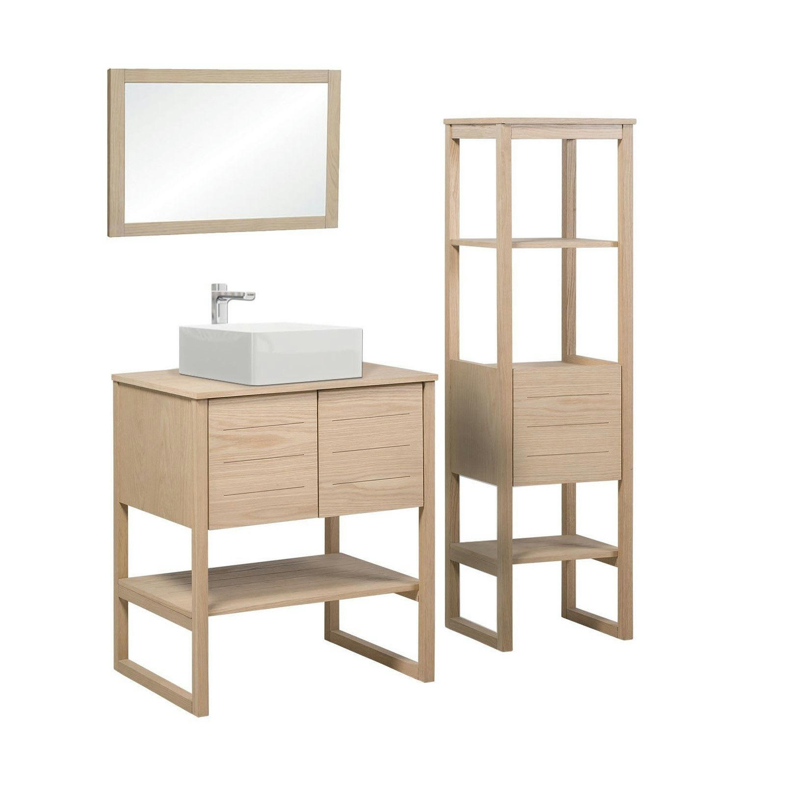 ATOLL - Meuble sous vasque plaqué chêne naturel  70cm+vasque+miroir carré+co