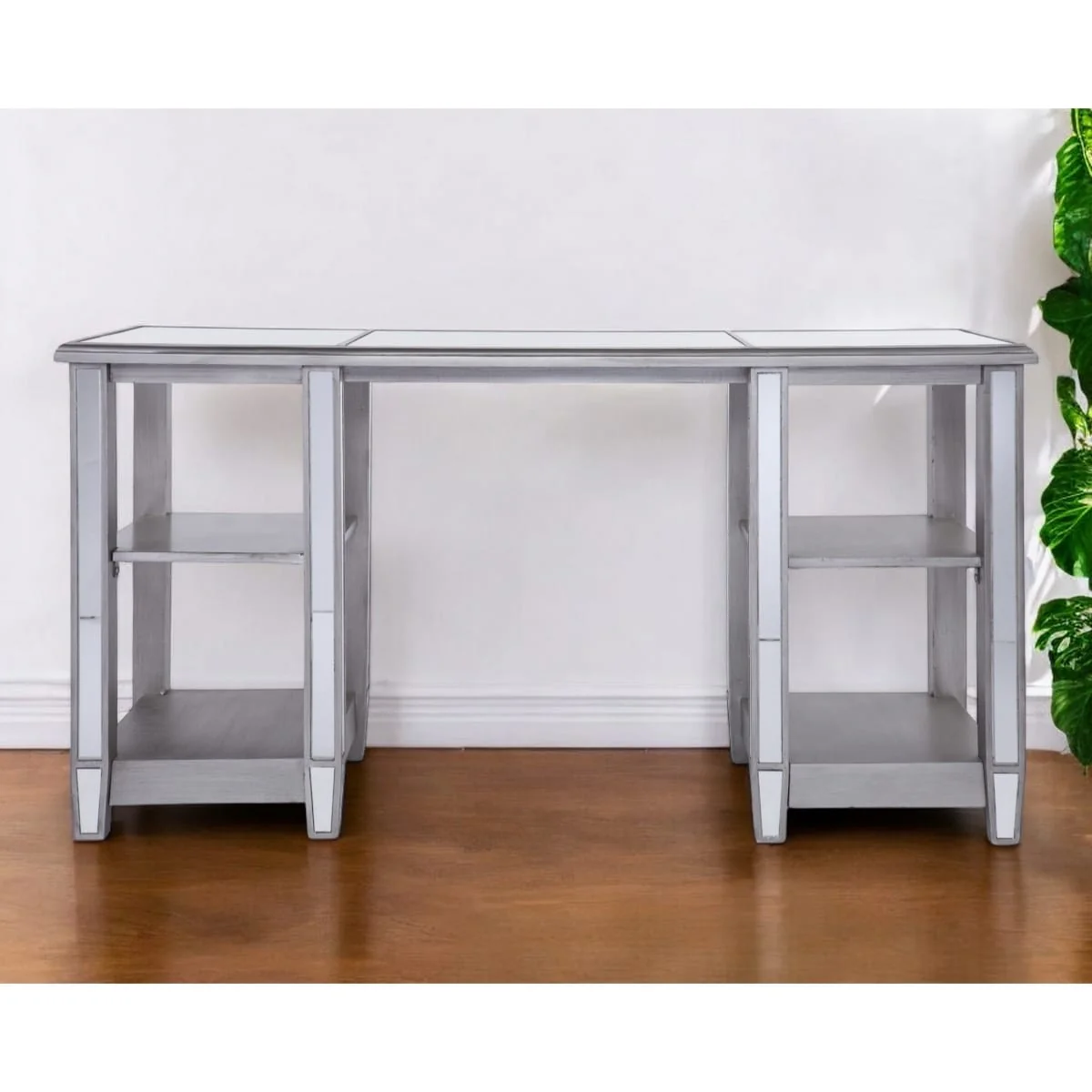 Silver Wood Mirrored Writing Desk with Shelves and Rectangular Matte Finish
