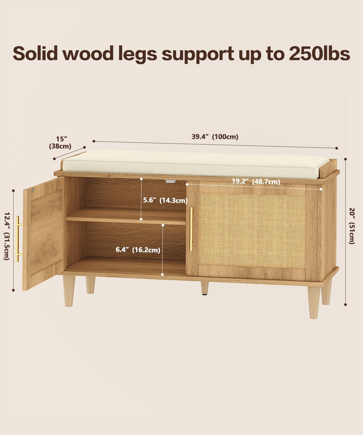Akxomel Rattan Shoe Storage Bench with Cushion, 2-Tier Entryway Bench with Adjustable Shelves and 2 Doors, 15 D x 39.4 W x 20 H, Solid Wood Legs, for Hallway, Living Room, Bedroom, Natural Oak