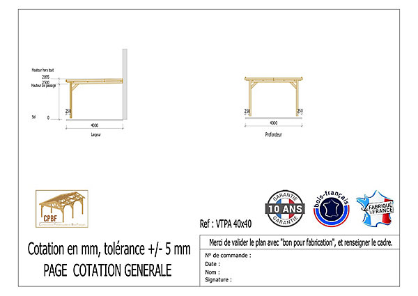 Carport adossé toit plat 450cmx750cm, bois DOUGLAS Français (Charpente en bois-auvent-abri voiture) 34 m². Garantie 10 ans