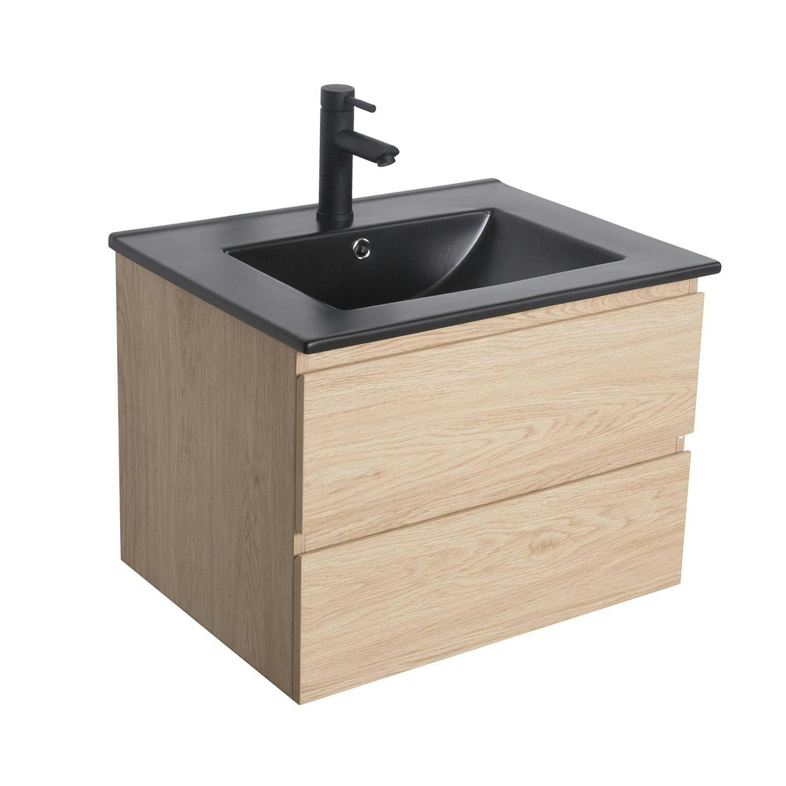 SORRENTO - Meuble simple vasque 60cm  décor chêne naturel + vasque noire +robinet