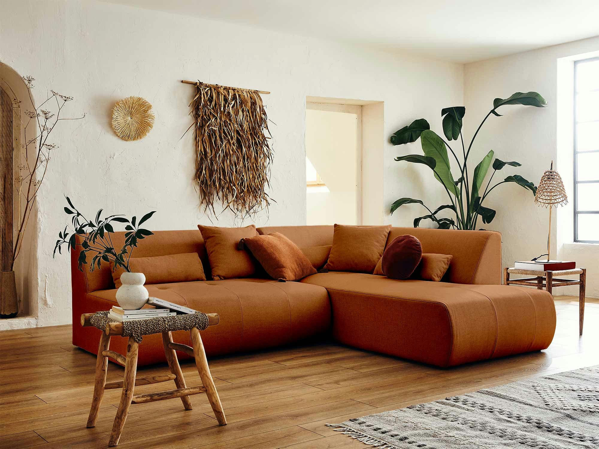 ONYX - Canapé modulable 5 places angle droit en tissu rouille