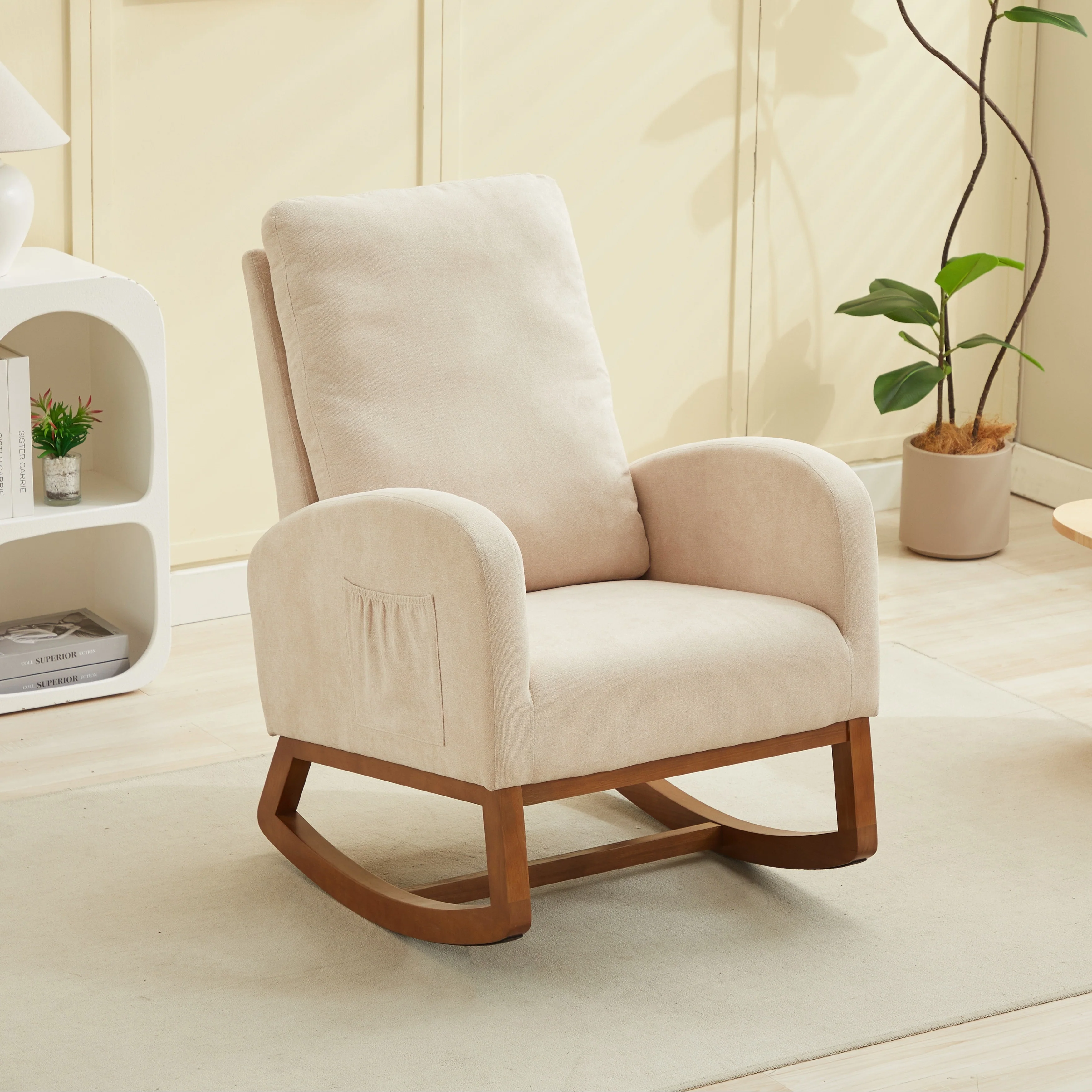 Upholstered Rocking Chair Nursery Chair with High Back and Side Pocket