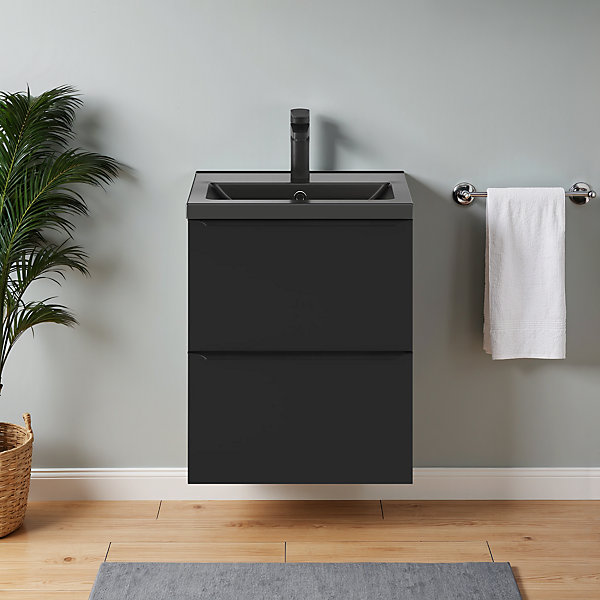 Meuble vasque suspendu faible profondeur noir mat l.50 cm Imandra   plan vasque noir céramique Nira, GoodHome