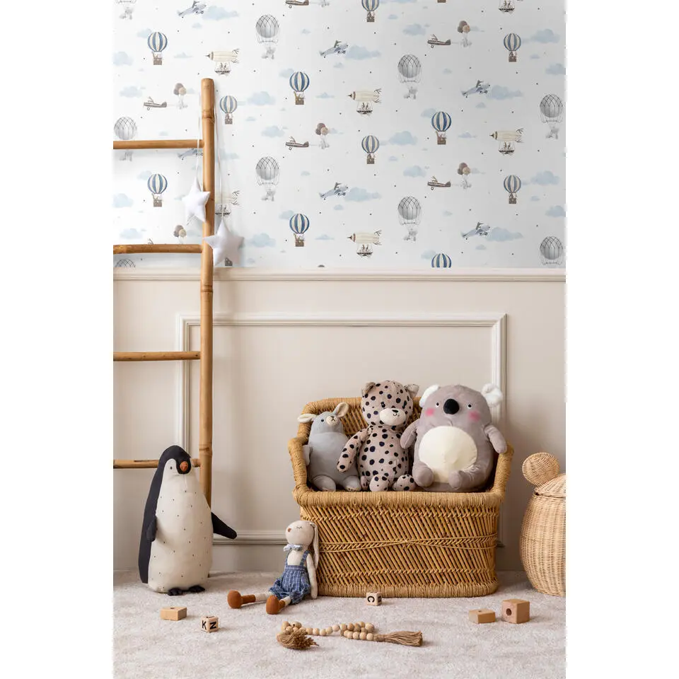 Sanders & Sanders behang luchtballonnen blauw en wit - 53 cm x 10 m