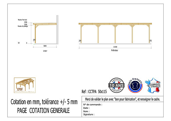 Carport toit plat adossé 500cmx1150cm bois DOUGLAS français (charpente - auvent - abri camping-car). 58 m². Garantie 10 ans.