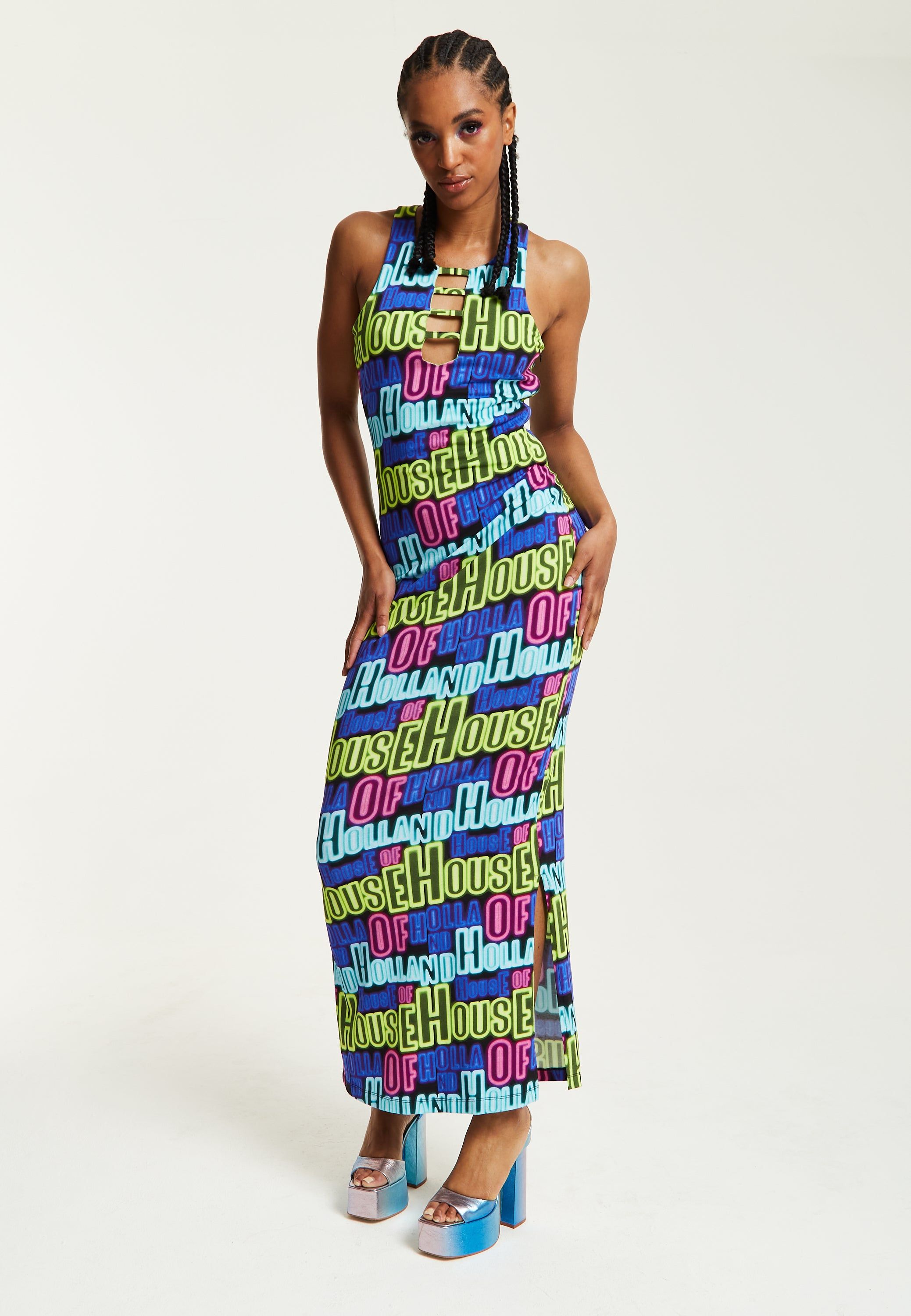 House of Holland Printed Multicolour Maxi Dress With Cut Out Details