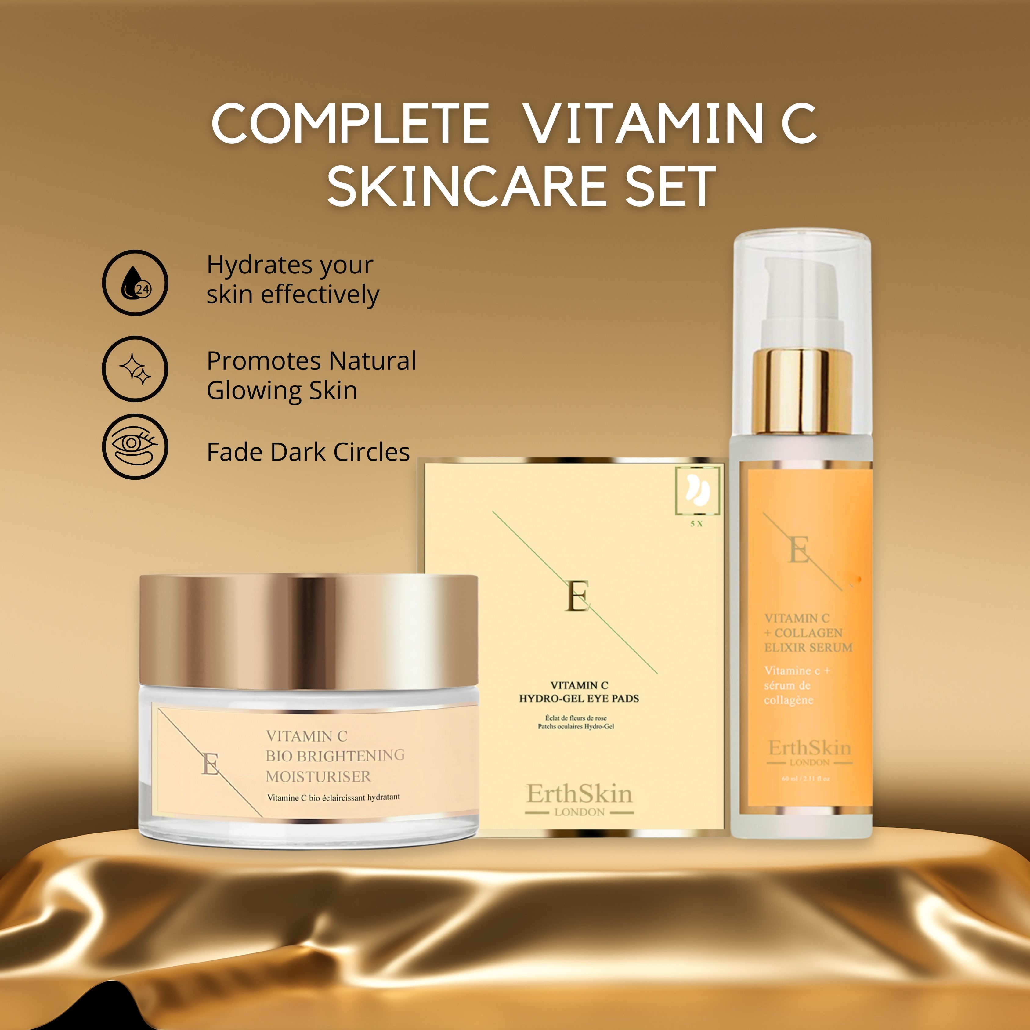 Erth Skin London Vitamin C Elixir Set: Serum 60, Moisturizer & Hydrogel Pads