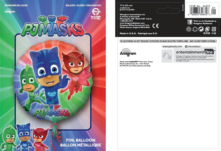 PJ Masks Catboy/Owlette/Gekko Round Satin Foil Balloon, Blue/Green/Red, 18-in, Helium Inflation & Ribbon Included for Birthday Party
