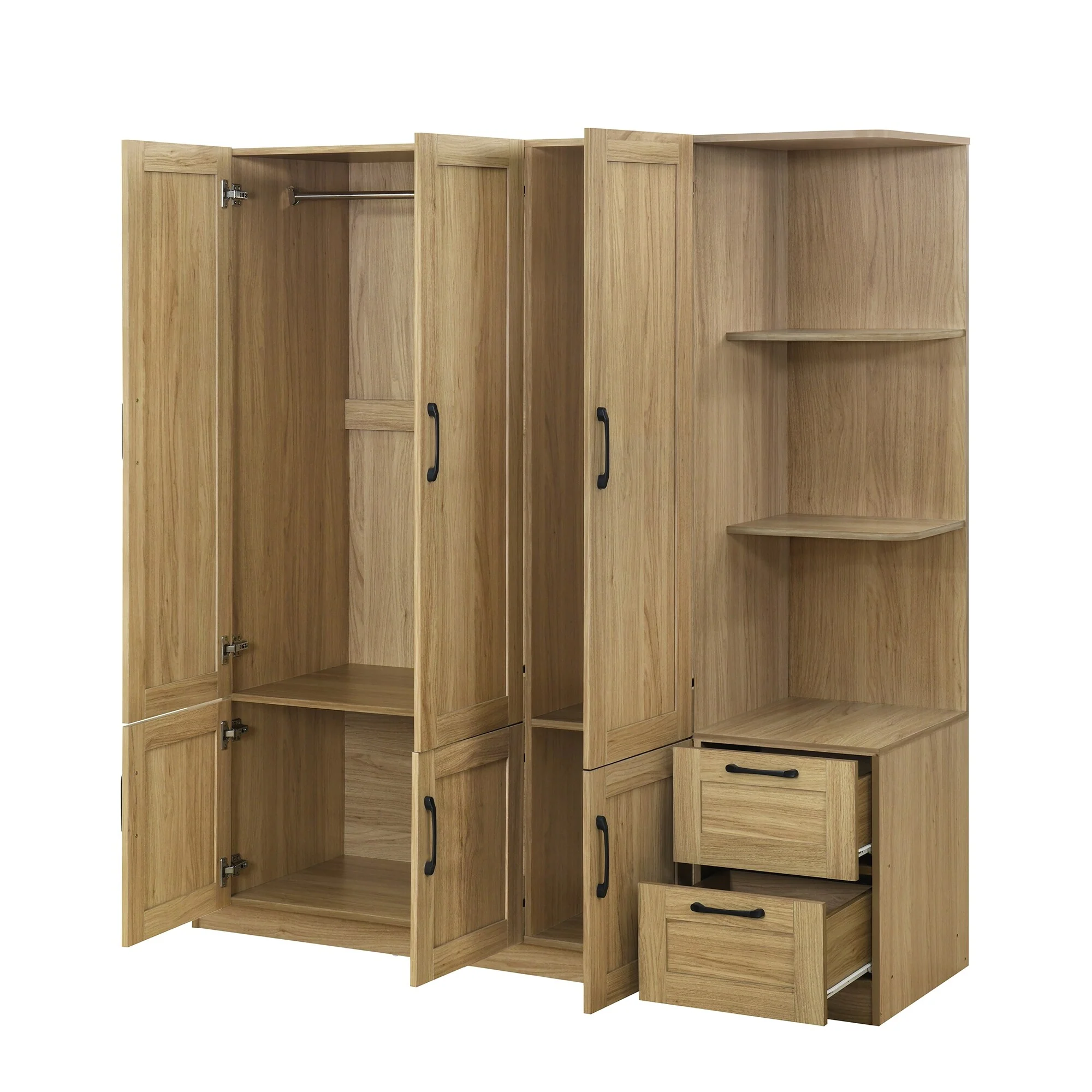 3 Door Wooden Wardrobe with Shelves and 2 Drawers & 2 Hanging Rods