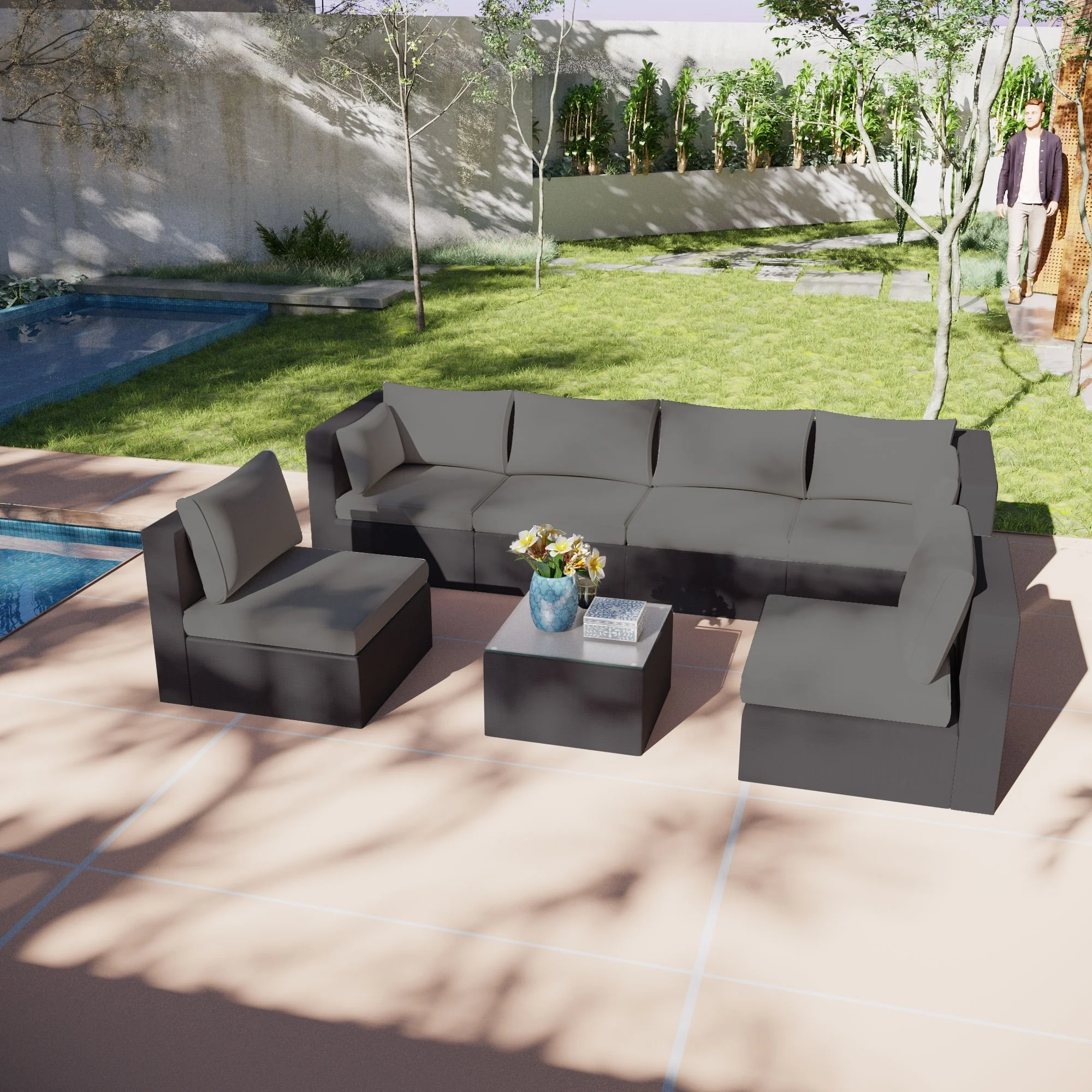 7-Piece Wicker Outdoor Sectional Set with Cushions and Coffee Table