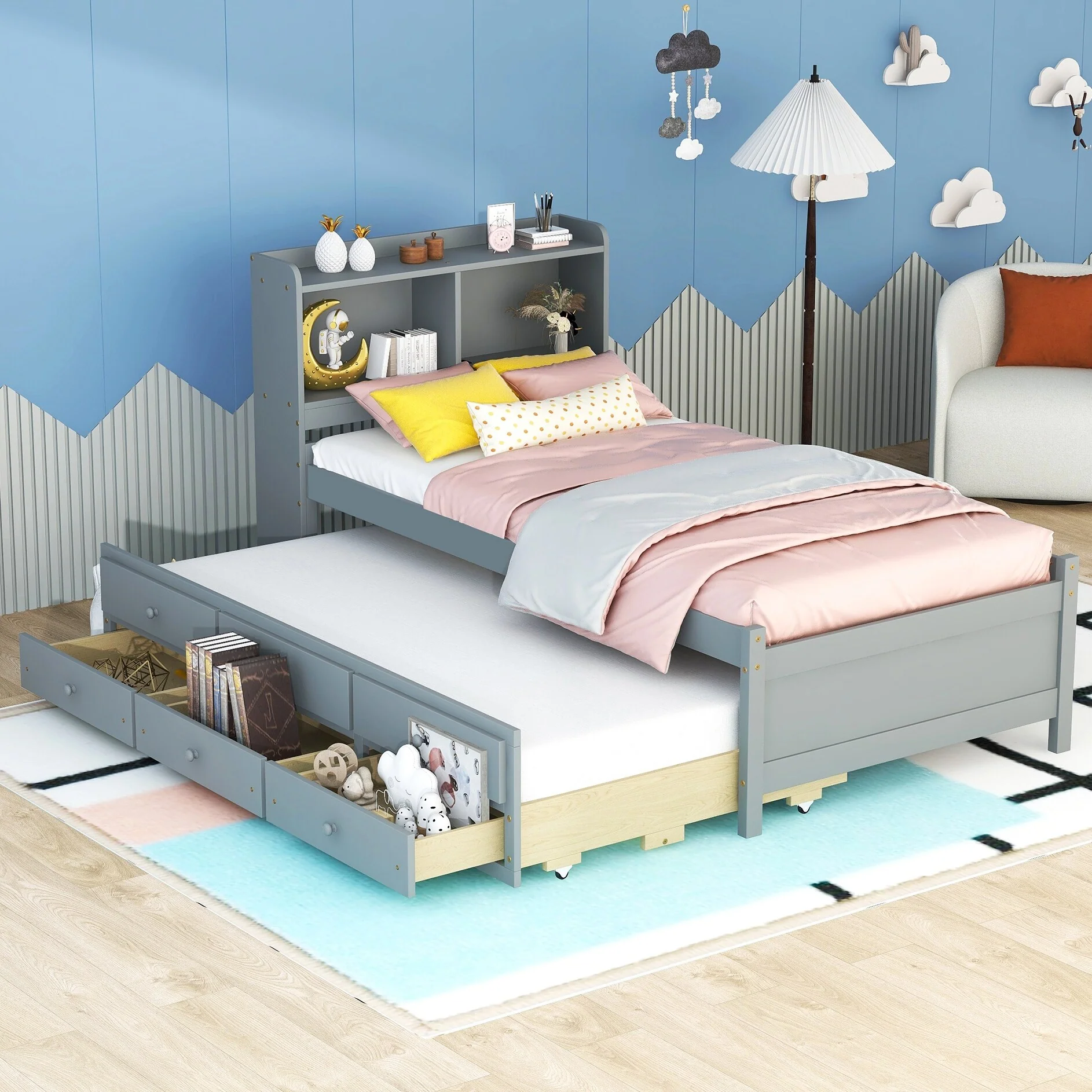Space-Saving Twin Bed with Trundle, Drawers, and Bookcase Headboard