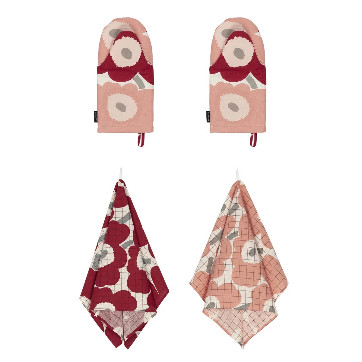 Marimekko - Pieni Unikko Küchenset, Geschirrtuch & Ofenhandschuhe, cotton / dark cherry / rose (4er-Set)