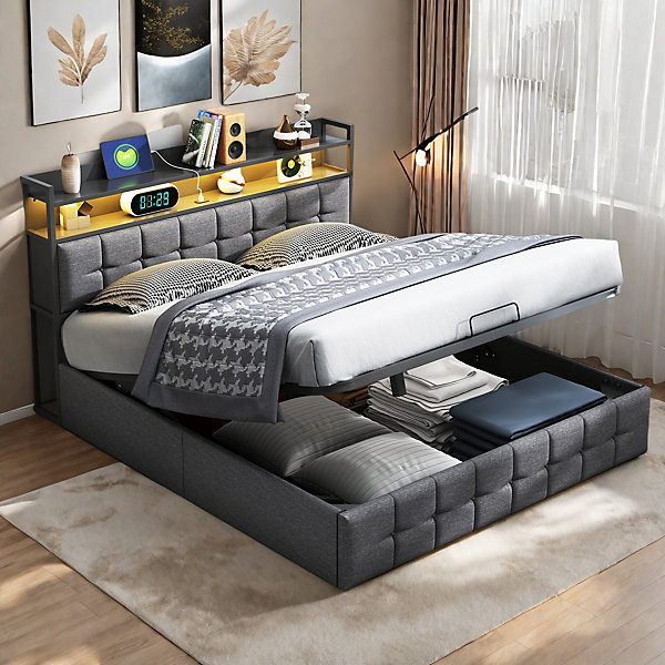 Lit coffre 140x190 cm en similicuir avec LED RGB, tête de lit avec prises USB/Type-C et rangements intégrés, Gris