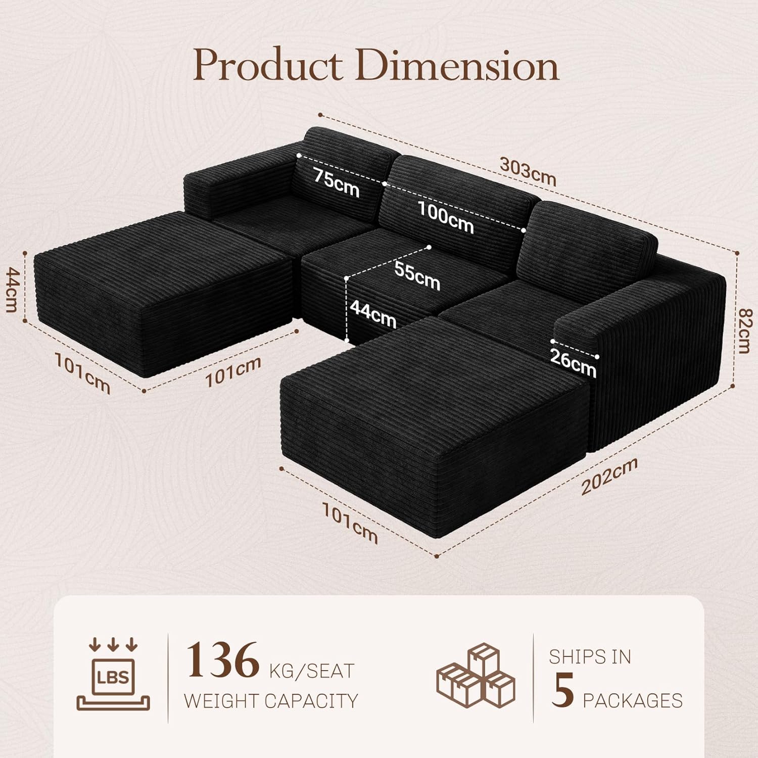 Vesgantti 119 Oversized U-Shaped Modular Sectional Sofa with 2 Movable Ottomans, Modern Cloud Couch with Deep Seat & Spring Support, Boneless Couches for Living Room, No Assembly Required, Black