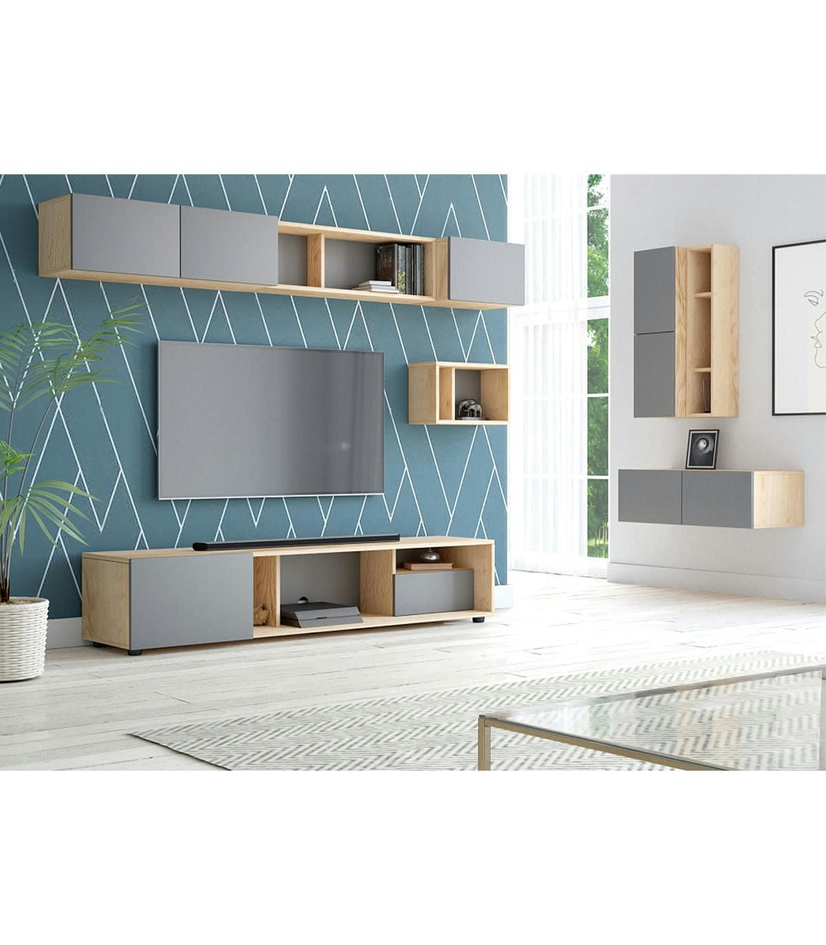 BARCELONA - Lot de 2 Cubes Muraux L40 x H25 cm - Décor Chêne et Gris