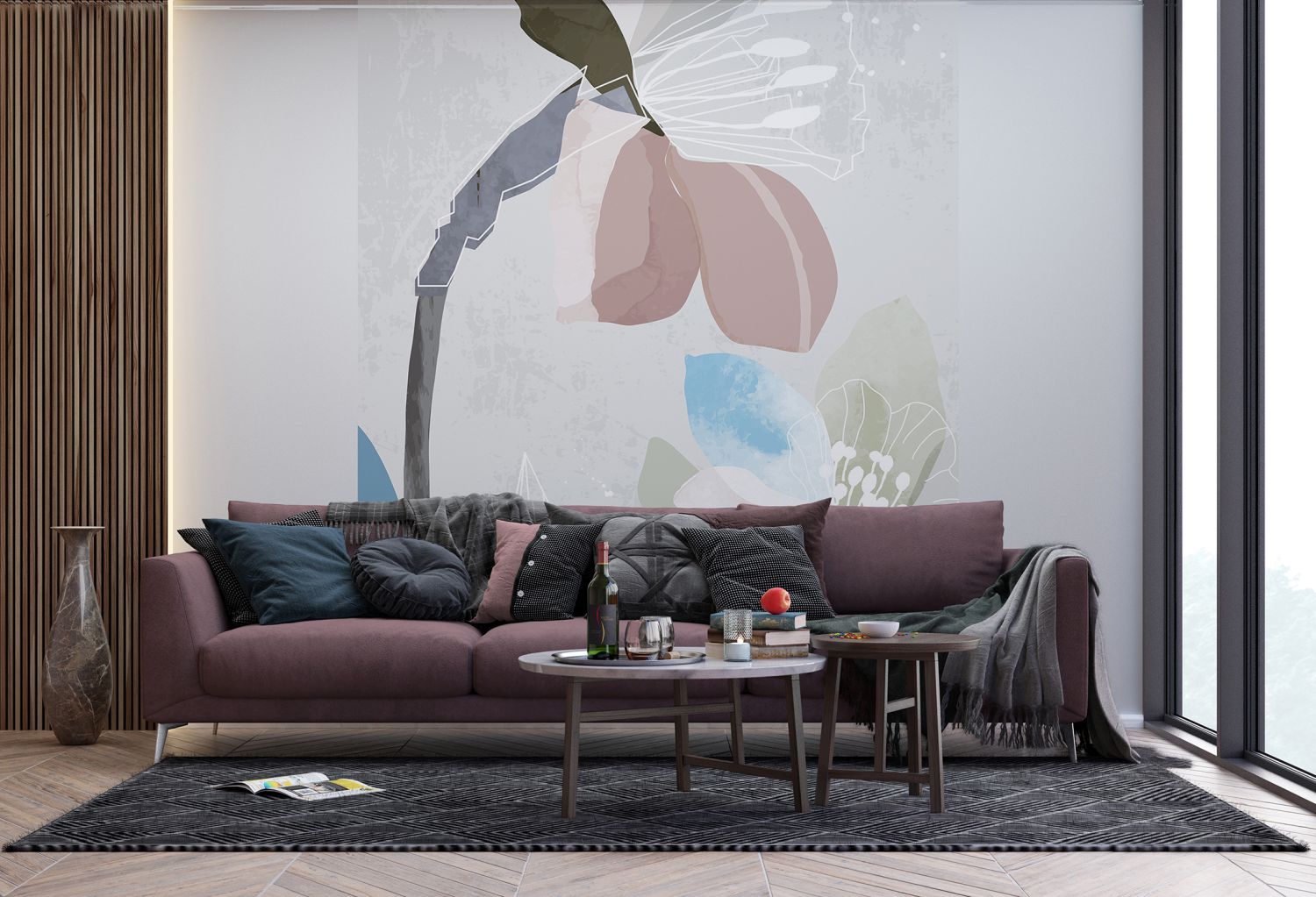 Sanders & Sanders fotobehang bloemmotief grijs, roze en blauw - 270 x 225 cm - 601199