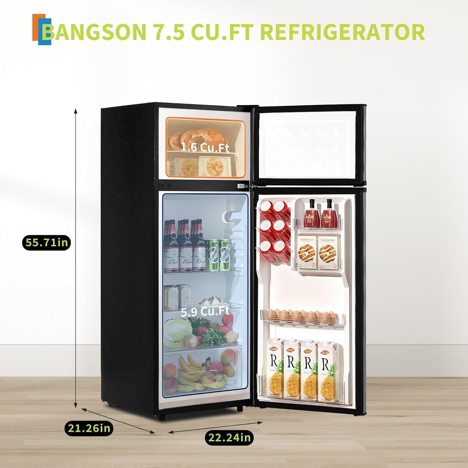 7.5 Cu.Ft Refrigerator with Freezer, 2 Door Fridge, 7 Settings Temperature Adjustable, Large Capacity, Food Storage or Cooling drinks,for Dorm, Office, Bedroom, Kitchen, Bar Use​