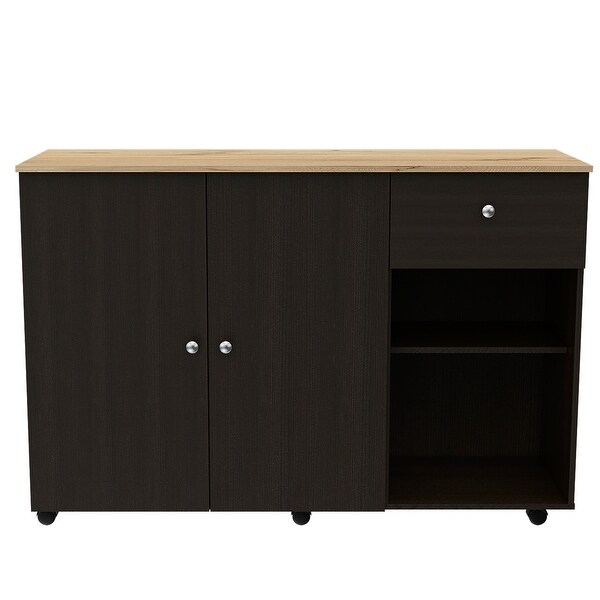 Modern Kitchen Island 2-Drawer 2 Open Shelves Display Decor and 2 Towel Hangers 6 Casters Locking Mechanism Kitchen Cart