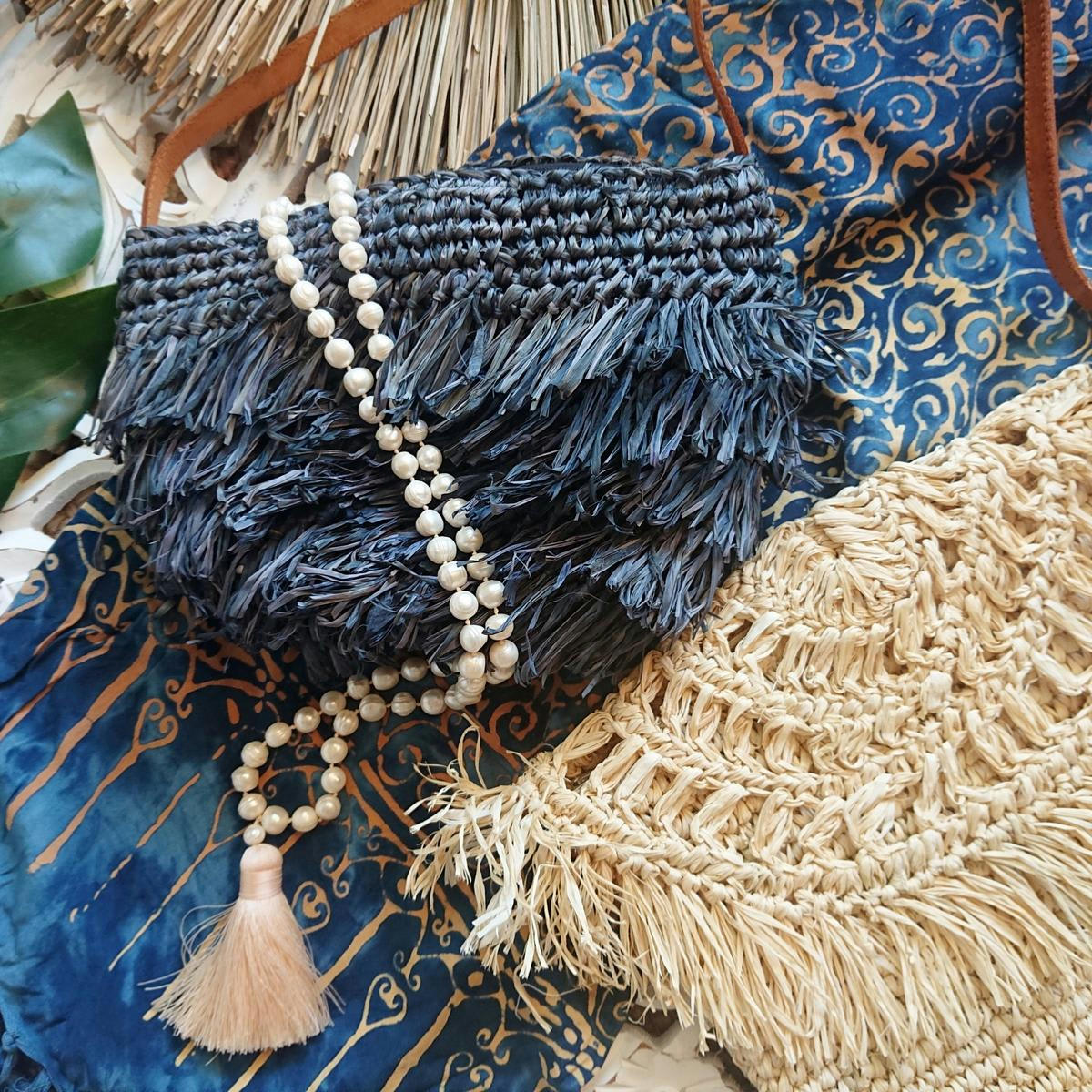 BONA - Sac bandoulière en raphia, bleu foncé