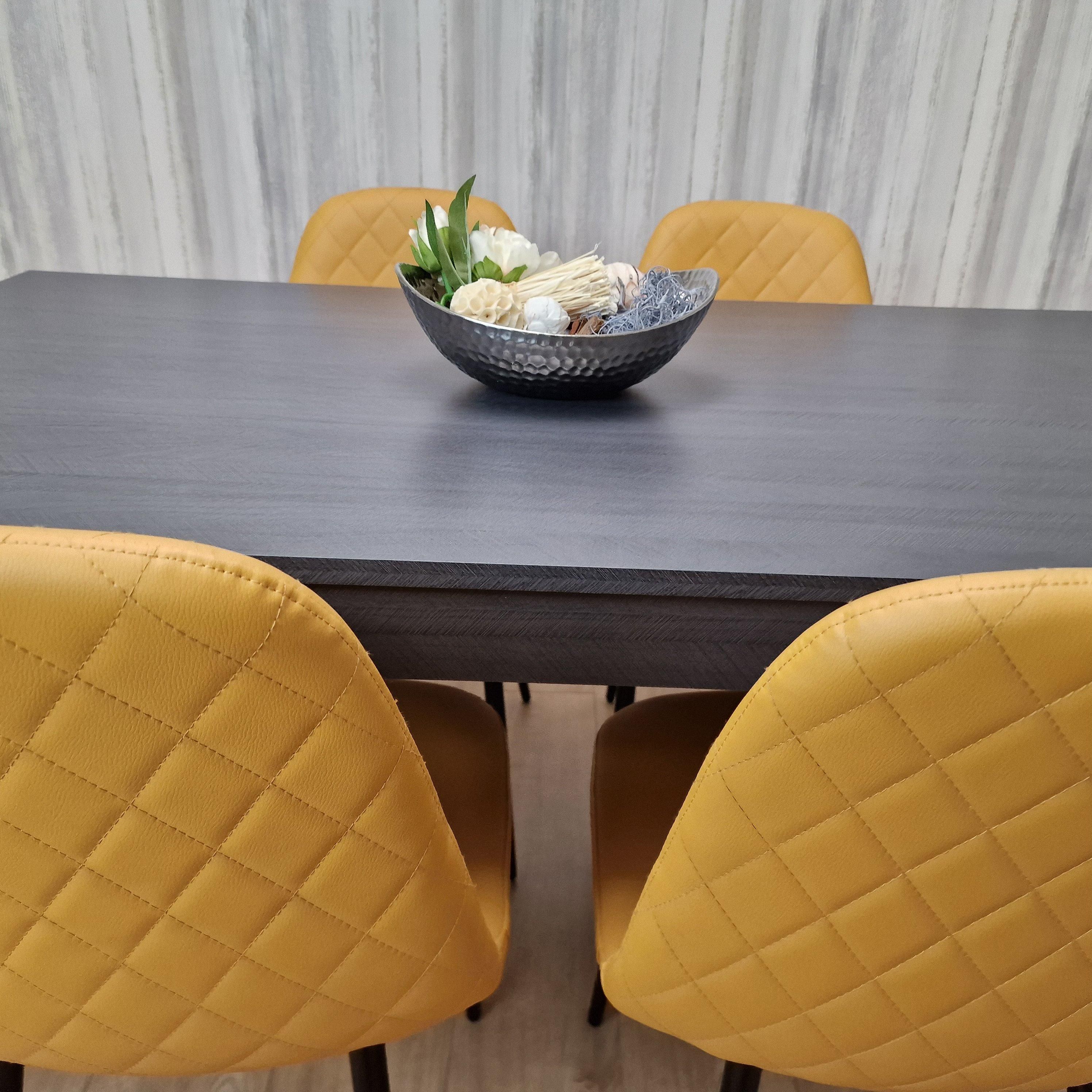 KOSY KOALA Dark Grey Dining Table with 4 Mustard-Stitched Chairs Dining Room set