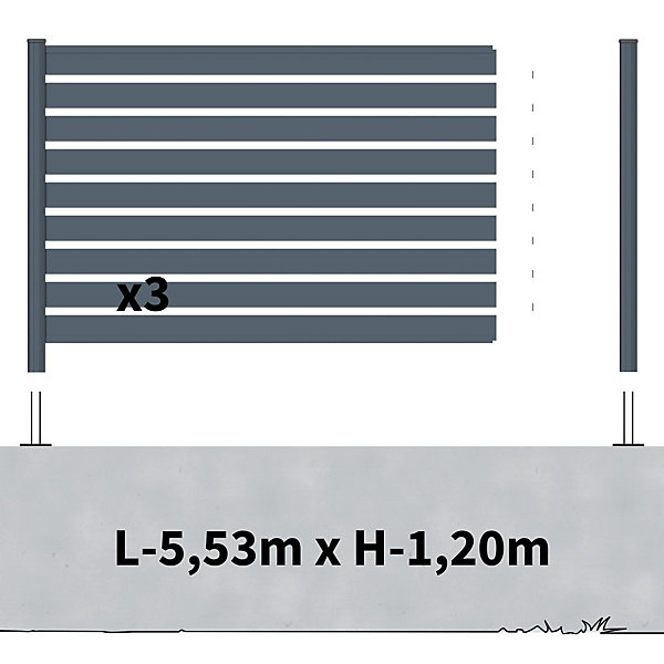 Kit Clôture Aluminium Ajourée sur Muret OLINDA Anthracite 5,5x1,2m - Lames ajourées 21x45x1780 mm - Brise Vue - Palissade