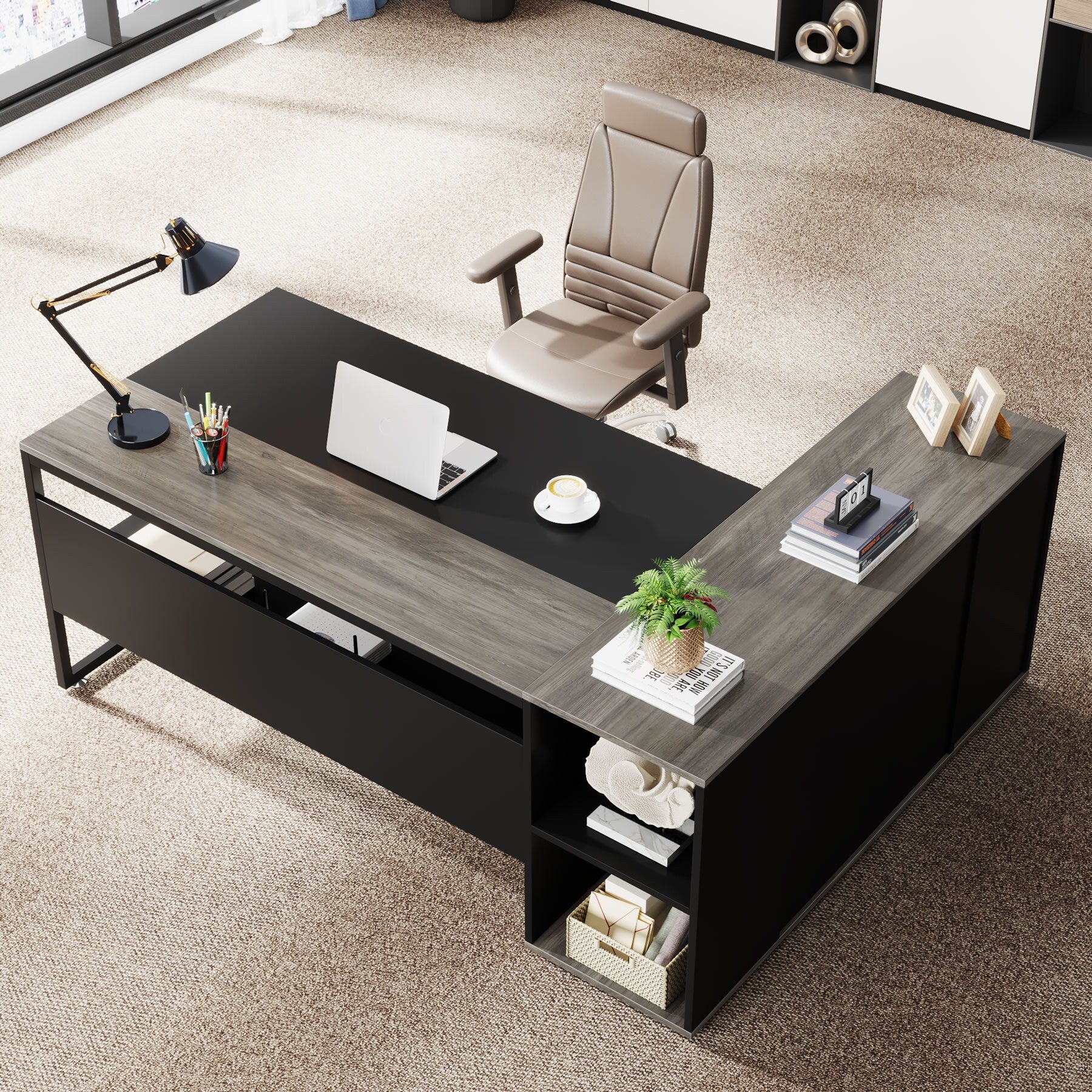 71 inch Executive Desk, L Shaped Desk with Cabinet and Shelves for Home Office
