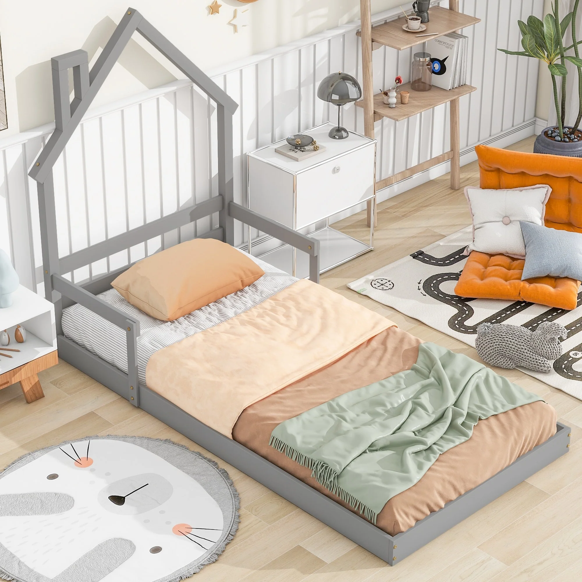 Twin Size House-Shaped Headboard Floor Bed with Handrails and Slats