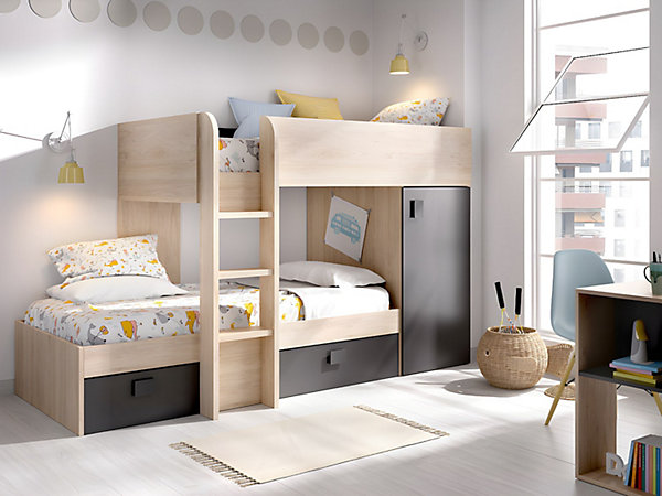 Lits superposés d'angle réversibles RICARDO - 2 x 90 x 190 cm - Rangements intégrés - Chêne et anthracite